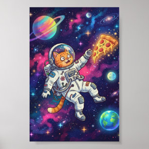 Poster Gato Astronauta Engraçado Flutuando Pizza Espaço G