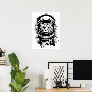 Poster Gato Astronauta Preto e Branco