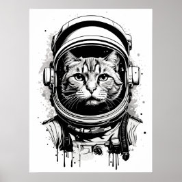 Poster Gato Astronauta Preto e Branco