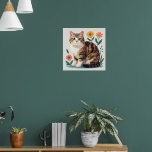 Poster Gato Atigrado Fofo Cartaz de Arte Folclórica Flora