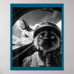 Poster Gato Avião Piloto de Jato Selfie Siamesa Caça Dive