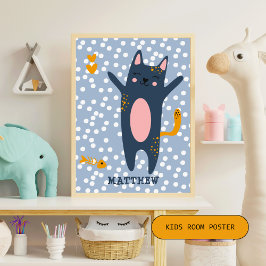Poster Gato Azul Bonito - Quarto Azul Para Crianças / Nur