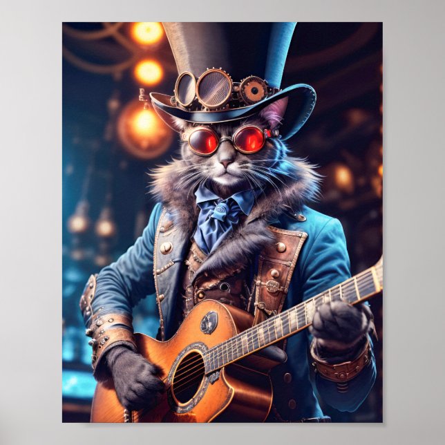 Poster Gato azul em vestido steampunk tocando violão em p (Frente)