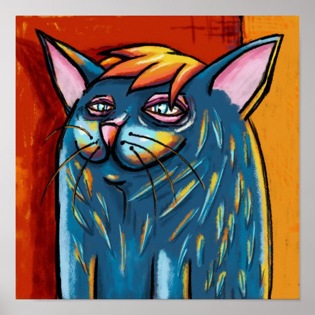 Poster Gato Azul Feliz Fofo Pastel a Óleo Digital (Frente)