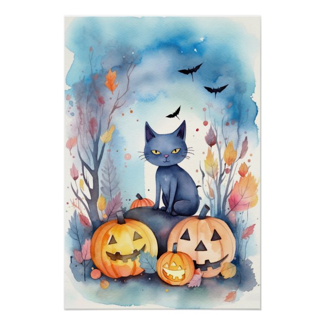 Pôster Gato Azul Oriental Halloween Com Pumpkins Assustad (Frente)