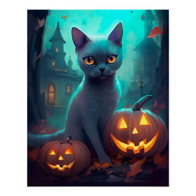 Pôster Gato Azul Russo de Halloween com Abóboras Assustad (Frente)