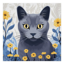 Gato Azul Russo Flores Amarelas