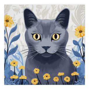 Pôster Gato Azul Russo Flores Amarelas