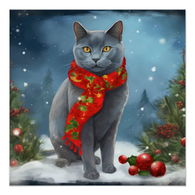 Pôster Gato Azul russo no Natal da neve (Frente)