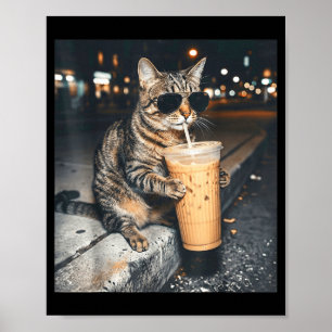 Poster Gato Bebendo Café Gelado Meme Animal Engraçado Hom