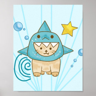 Poster Gato bege fofo em fantasia de tubarão tema mar aqu