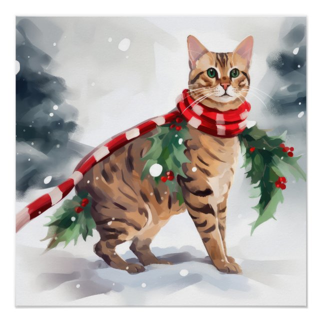 Pôster Gato Bengal na neve de Natal  (Frente)