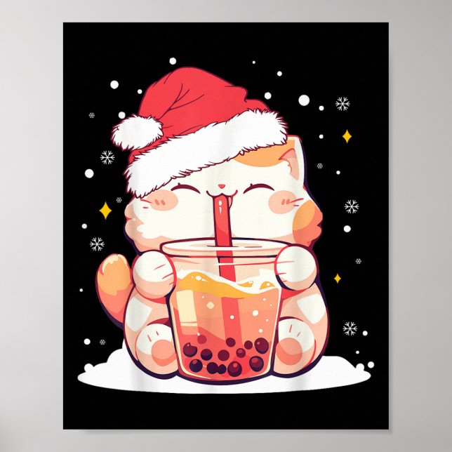Poster Gato Bonito Boba Milk Bubble Chá Christmas Santa H (Frente)