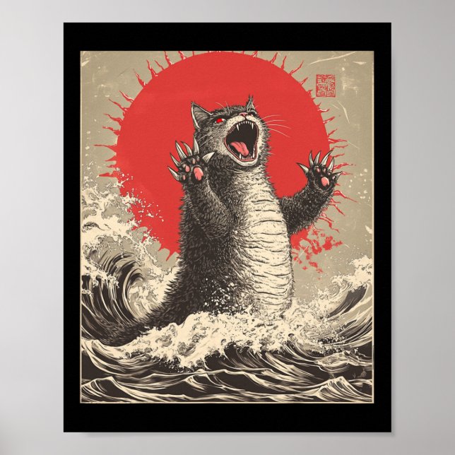 Poster Gato Bonito Catzilla Cat Arte Japonesa Engraçado G (Frente)