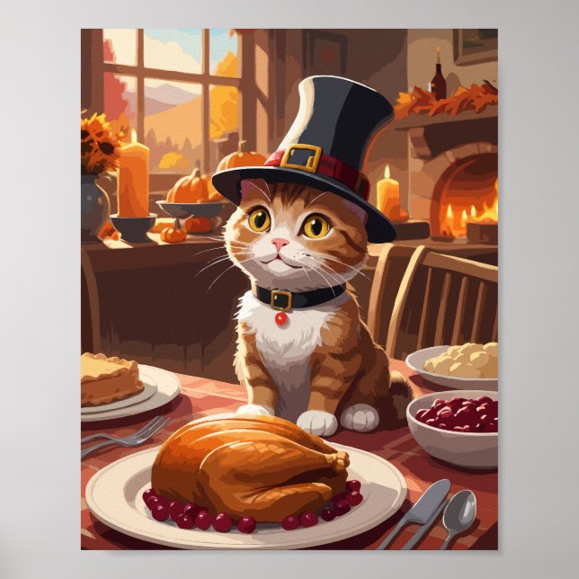 Poster Gato bonito com a Turquia de Ação de Graças (Frente)