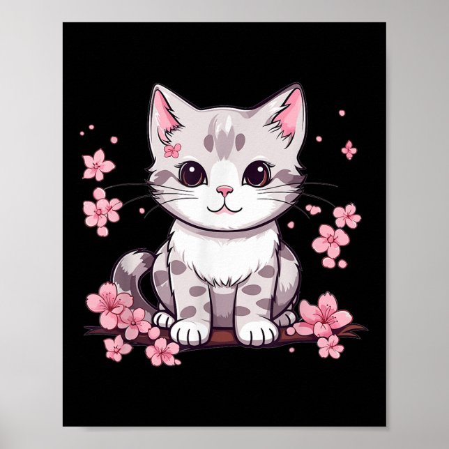 Poster Gato Bonito Com Blossomas De Cereja Eu Crianças Ga (Frente)
