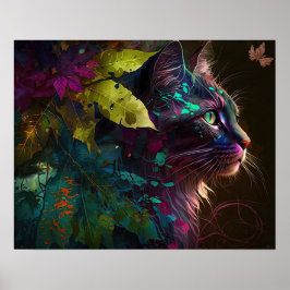 Poster Gato bonito com folhagem - Arte IA