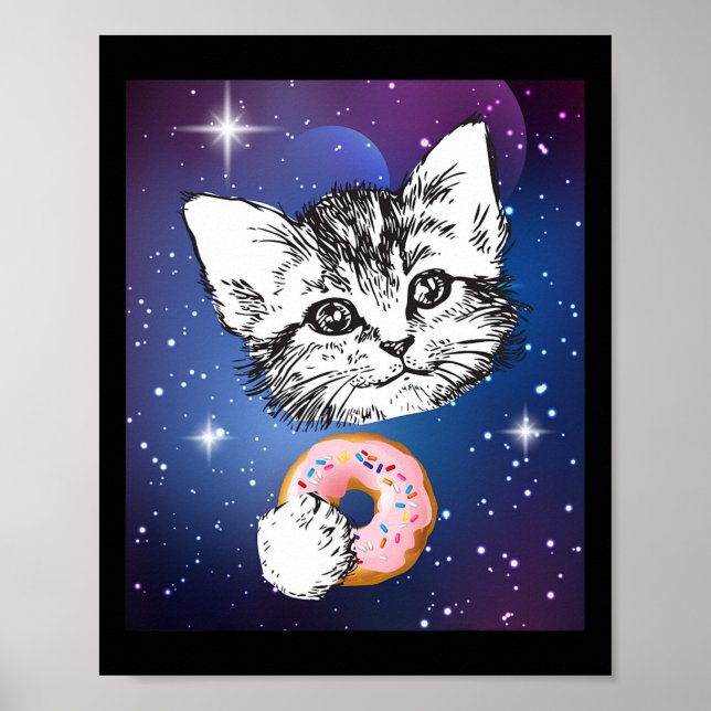 Poster Gato Bonito Comendo Uma Rosquinha No Espaço (Frente)