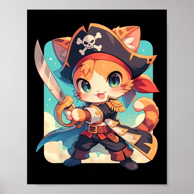 Poster Gato Bonito Como Anime Kawaii Pirata (Frente)