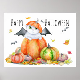 Poster Gato Bonito de Halloween em Abóbora