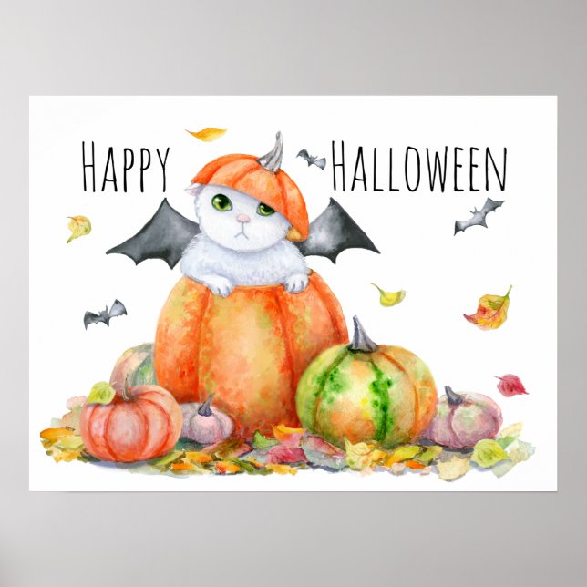 Poster Gato Bonito de Halloween em Abóbora (Frente)