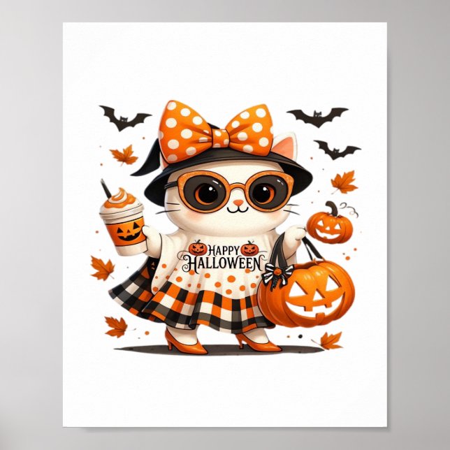 Poster Gato Bonito de Halloween - Gatinho de Bruxas Kawai (Frente)