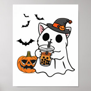 Poster Gato Bonito De Halloween No Fantasma Bebendo Boba