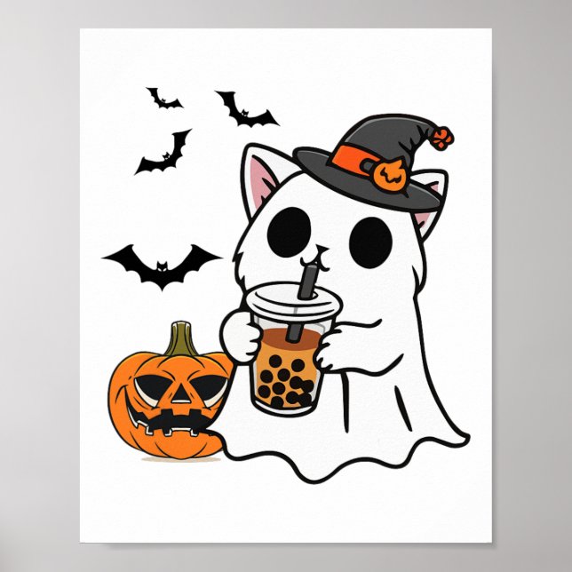 Poster Gato Bonito De Halloween No Fantasma Bebendo Boba (Frente)
