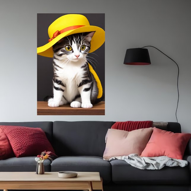 Poster Gato bonito e adorável de chapéu amarelo | Arte AI (Criador carregado)