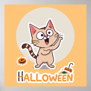 Poster Gato bonito e Dia de as Bruxas engraçado com abóbo