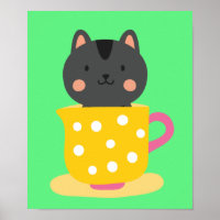 Gato bonito na caricatura do teacup na menta