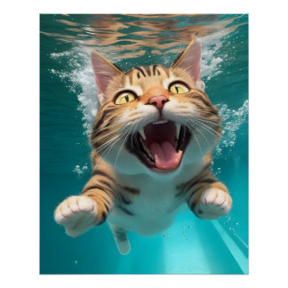 Pôster Gato Bonito Nadando Submarino Submarino na Piscina