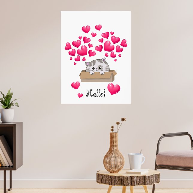 Poster Gato bonito numa caixa e corações cor-de-rosa (Sala de Estar 3)