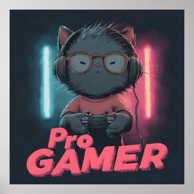 Poster Gato Bonito "Pro Gamer" com Fones de ouvido (Frente)