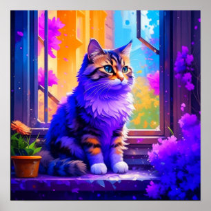 Poster Gato Bonito Sentado em Arte Windows Ai