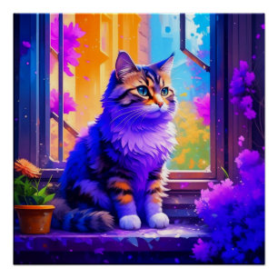 Pôster Gato Bonito Sentado em Arte Windows Ai
