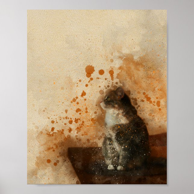 Poster Gato bonito sentado numa pintura de aquarela mesa (Frente)