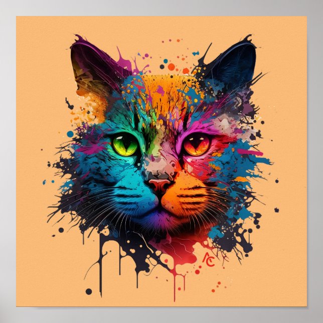 Poster Gato Bonito - Splash de Tinta de Neon de Grafite (Frente)