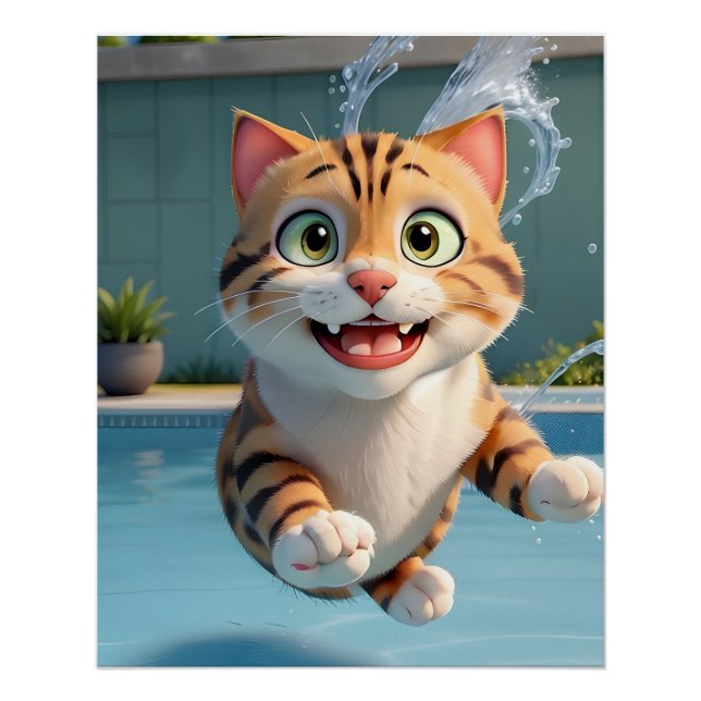 Pôster Gato Bonito Voando Nadando Engraçado na Piscina (Frente)