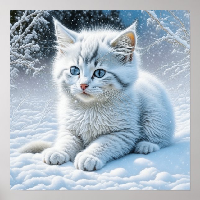 Poster Gato Branco Bonito Brincando na Neve (Frente)