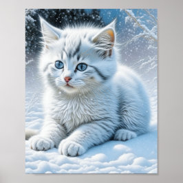 Poster Gato Branco Bonito Brincando na Neve