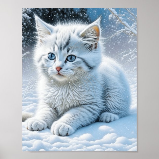 Poster Gato Branco Bonito Brincando na Neve (Frente)