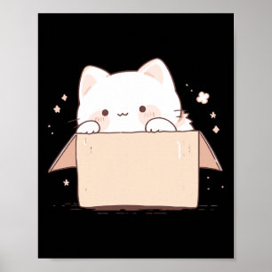 Poster Gato Branco Bonito Em Uma Caixa Cartoon Kawaii Jap