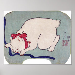 Poster Gato Branco brincando com uma corda, Hiroshige