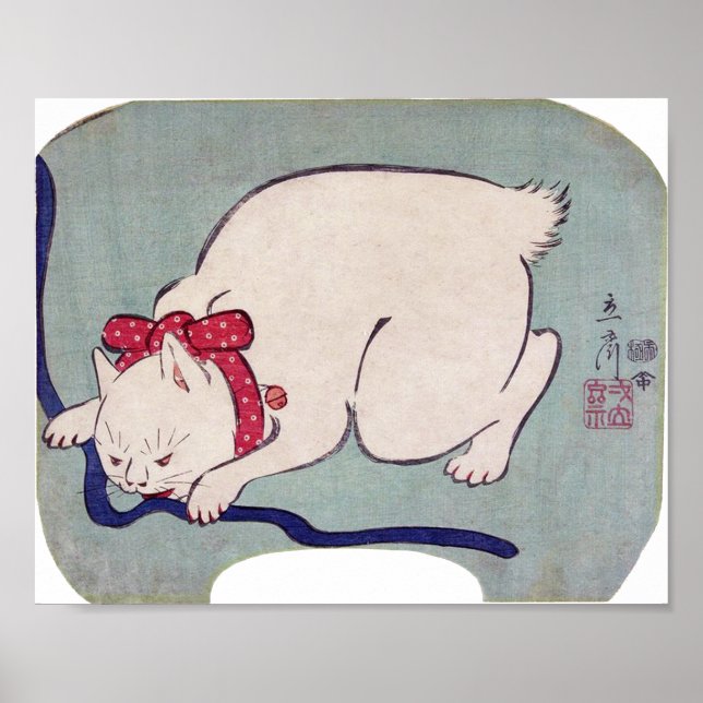 Poster Gato Branco brincando com uma corda, Hiroshige (Frente)