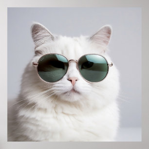 Poster Gato branco com óculos de sol, legal felino, adorá