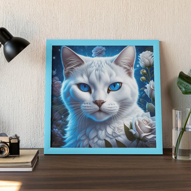 Pôster Gato Branco com Olhos Azuis Brilhantes Floral  (Criador carregado)