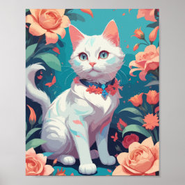 Poster Gato Branco com rosas rosa