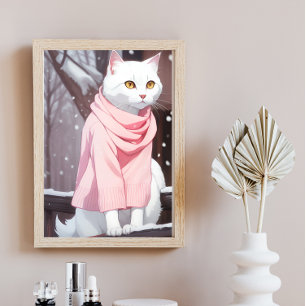 Poster Gato Branco com Roupa Rosa Arte de Parede de Mangá