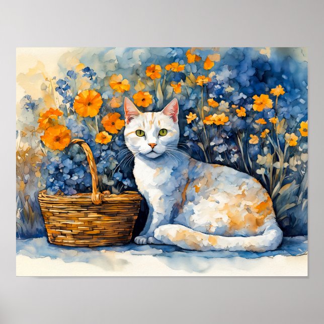 Poster Gato branco de aquarela na cesta de flores (Frente)
